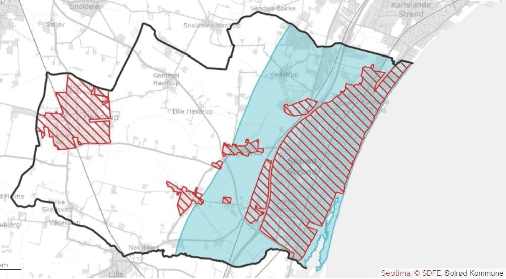 her er vist et kort over kystnærhedszonen i Solrød Kommune.