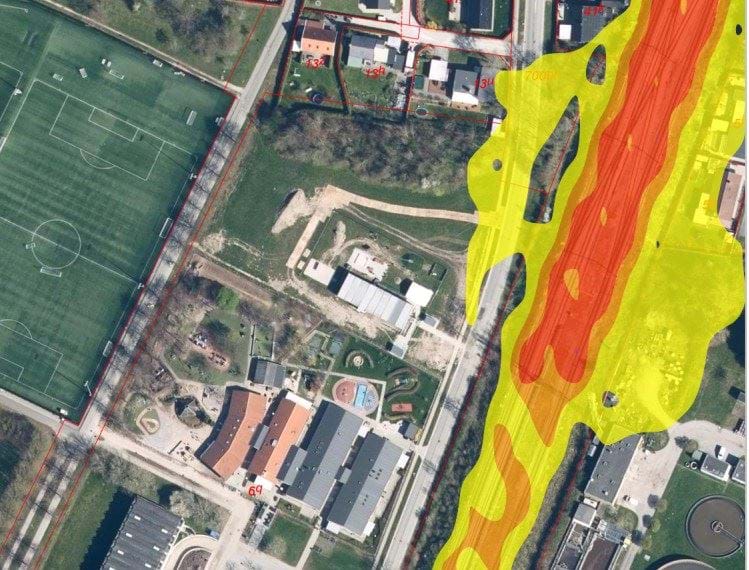 Kort over støjudbredelse fra jernbane