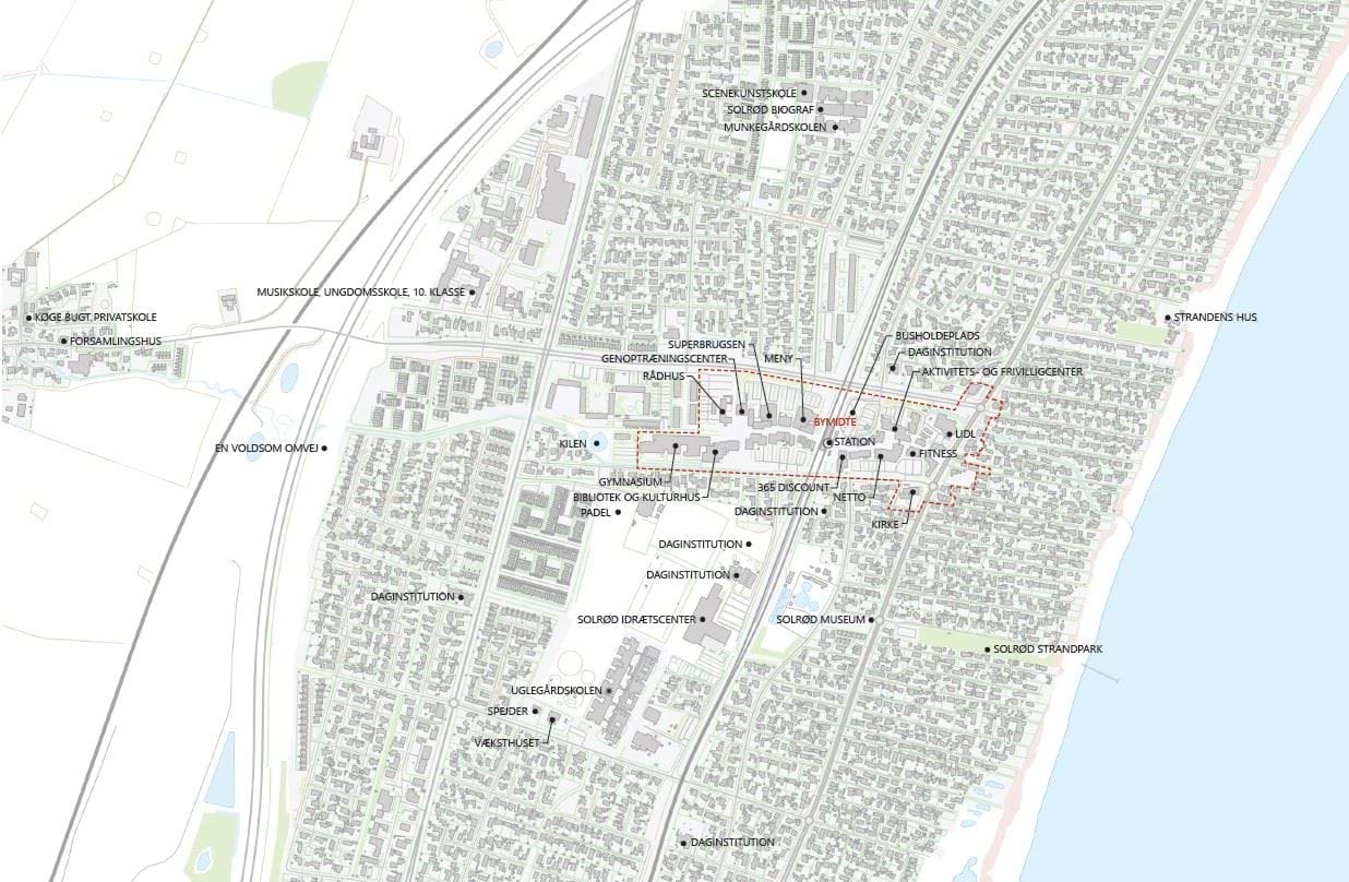 billede med afgrænsning af Solrøds strategiske bymidte for byliv med angivelse af funktioner i nærområdet.