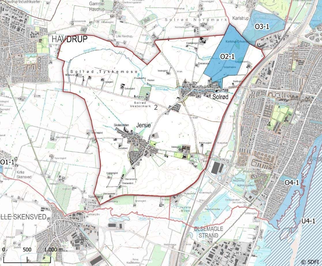 figur der viser området med gravhøje nord for Solrød Landsby